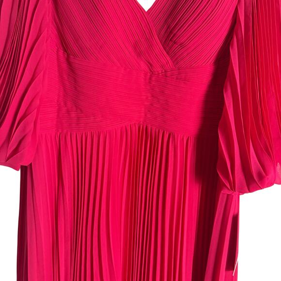 Teri Jon by Rickie Freeman Fuchsia Chiffon Pleated V-Neck Long Sleeve Gown 18 - Picture 10 of 16
